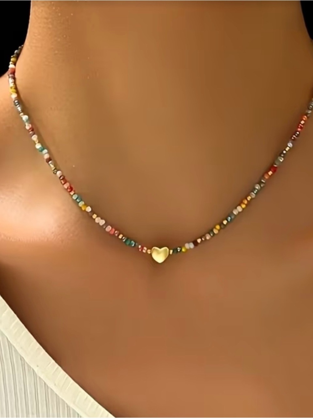 Multicolor Crystal Seed Beaded Necklace with Gold Heart Pendant - Women Jewelry